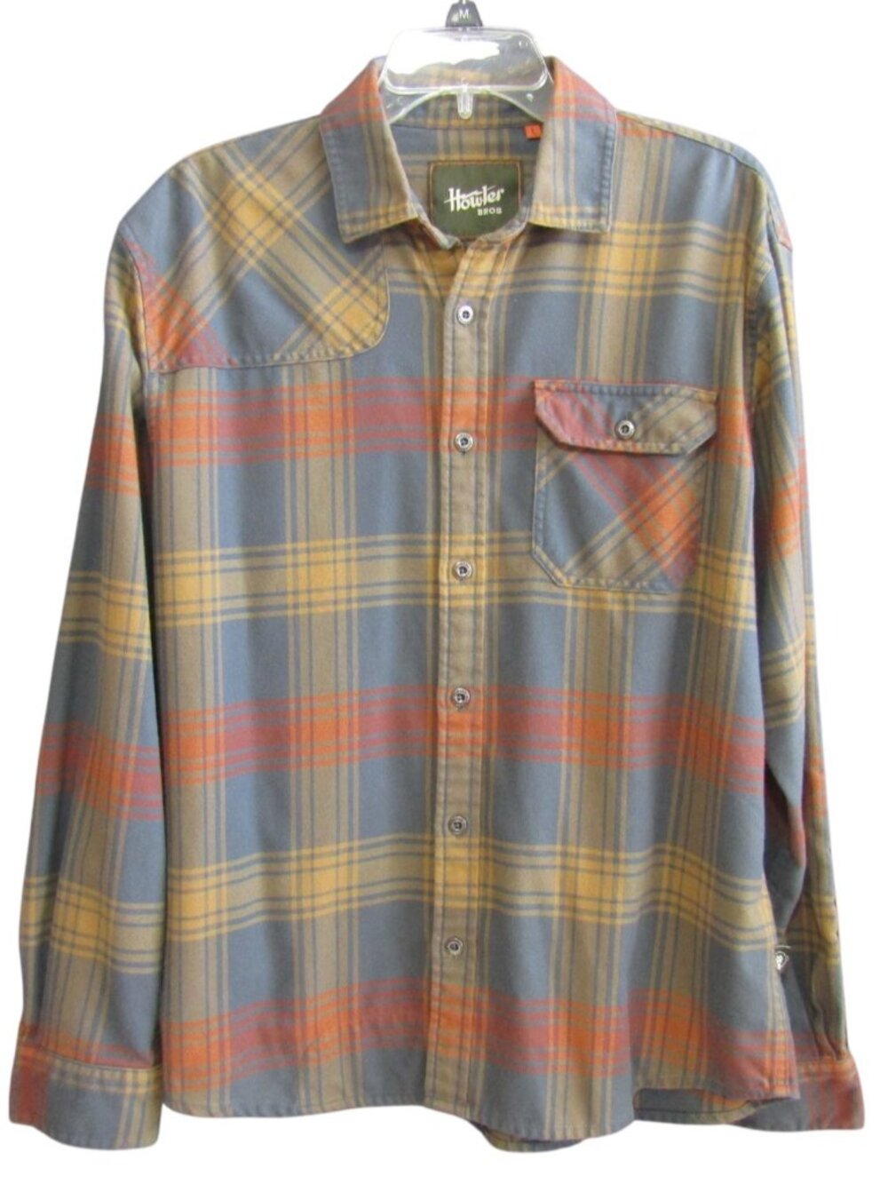Howler Bros Large Shirt Blue Orange Yellow Plaid Flannel Long Sleeve Grunge